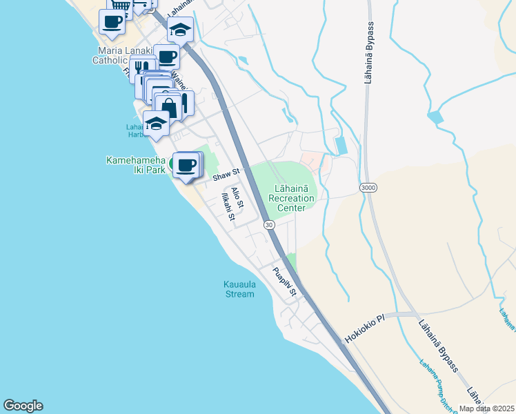 map of restaurants, bars, coffee shops, grocery stores, and more near 418 Waine'e Street in Lahaina