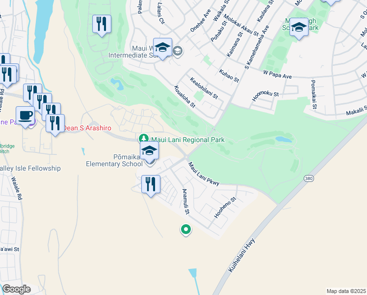 map of restaurants, bars, coffee shops, grocery stores, and more near 26 Pakau Place in Kahului