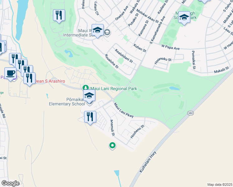 map of restaurants, bars, coffee shops, grocery stores, and more near 46 Pakau Place in Kahului