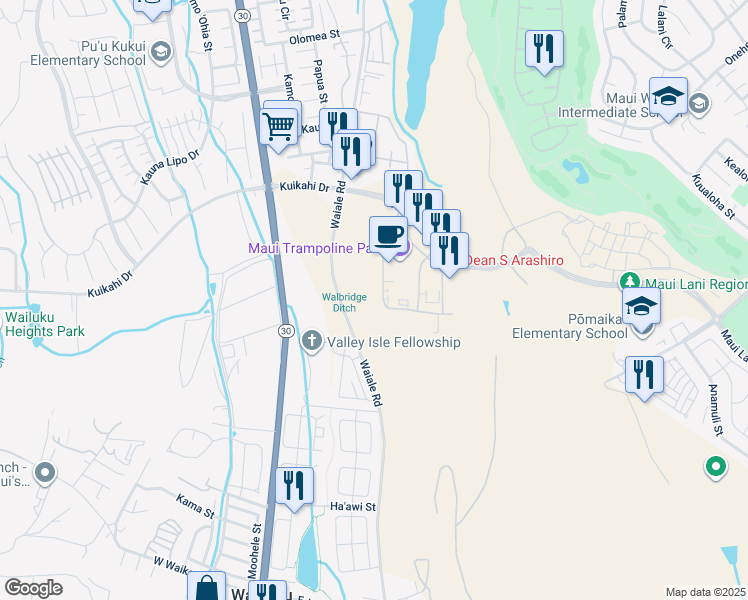 map of restaurants, bars, coffee shops, grocery stores, and more near 58 Laa Street in Kahului