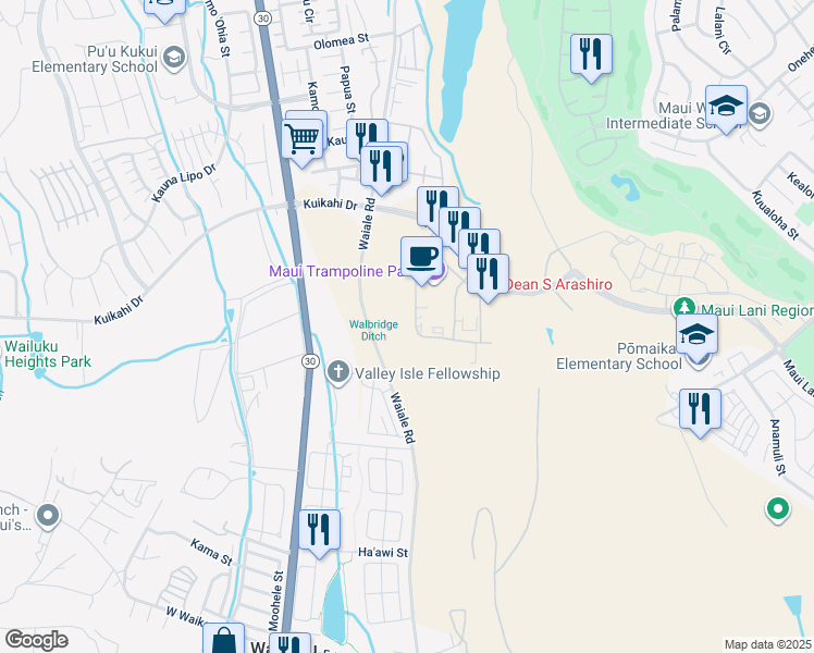 map of restaurants, bars, coffee shops, grocery stores, and more near 58 Laa Street in Kahului