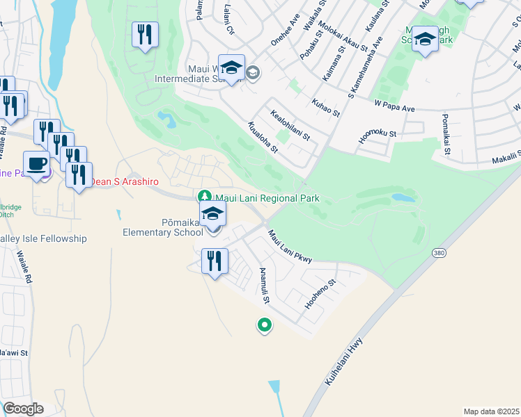 map of restaurants, bars, coffee shops, grocery stores, and more near 26 Pakau Place in Kahului