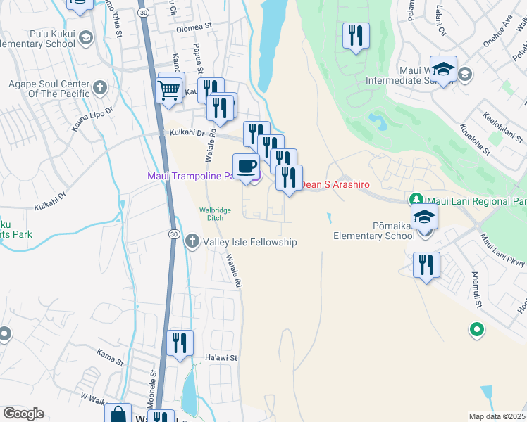map of restaurants, bars, coffee shops, grocery stores, and more near 48 Paa Street in Kahului