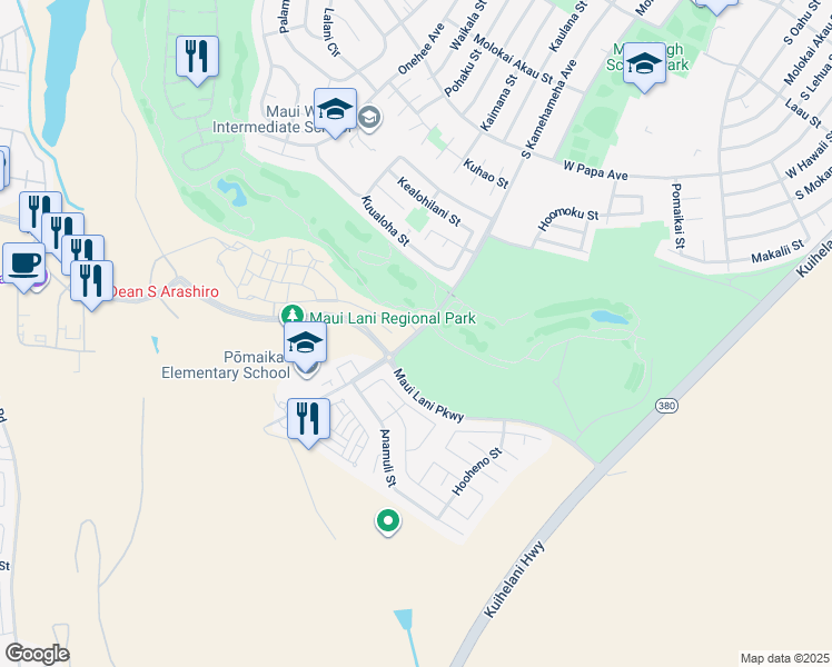 map of restaurants, bars, coffee shops, grocery stores, and more near 62 'Olina Street in Kahului