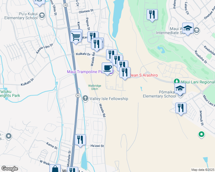 map of restaurants, bars, coffee shops, grocery stores, and more near 59 Laa Street in Kahului
