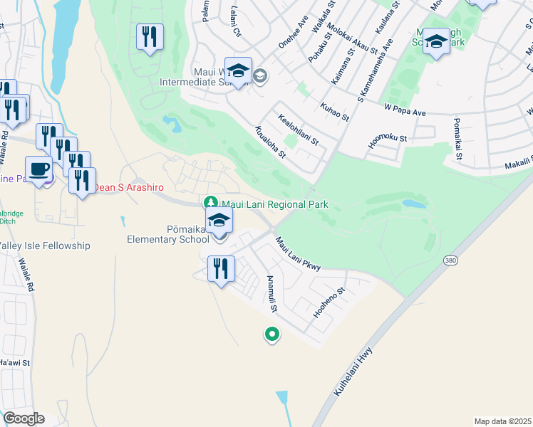 map of restaurants, bars, coffee shops, grocery stores, and more near 22 Pakau Place in Kahului