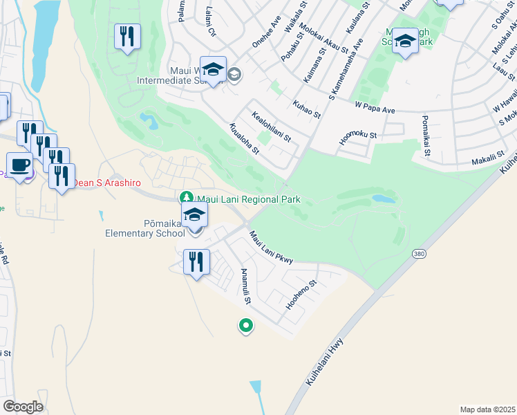 map of restaurants, bars, coffee shops, grocery stores, and more near 11 'Olina Street in Kahului