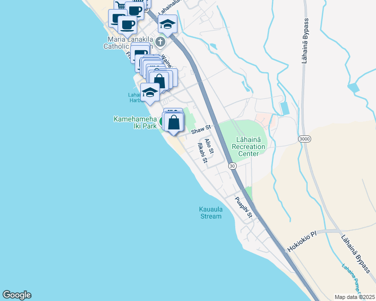 map of restaurants, bars, coffee shops, grocery stores, and more near 441 Ilikahi Street in Lahaina
