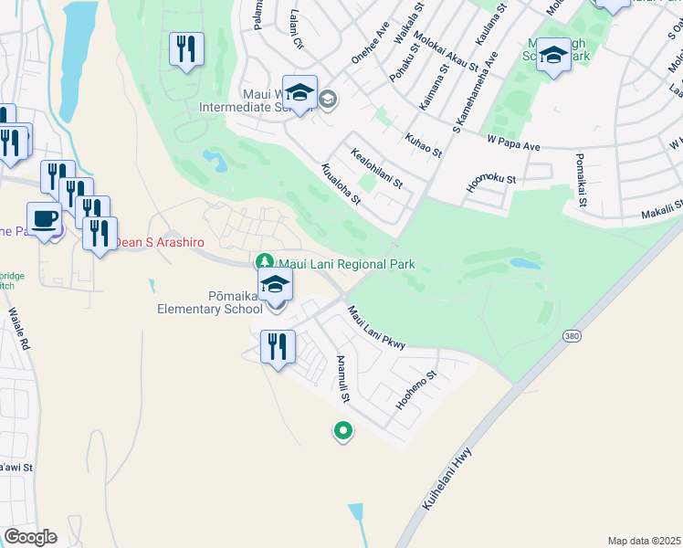 map of restaurants, bars, coffee shops, grocery stores, and more near 14 Pakau Place in Kahului