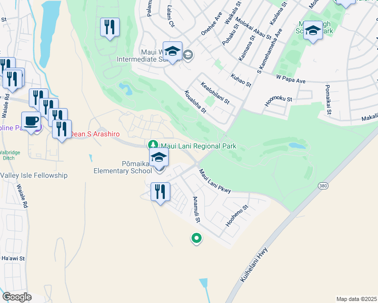 map of restaurants, bars, coffee shops, grocery stores, and more near 67 'Olina Street in Kahului