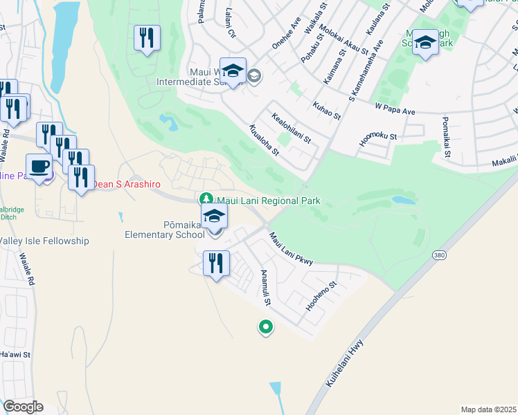 map of restaurants, bars, coffee shops, grocery stores, and more near 18 Pakau Place in Kahului