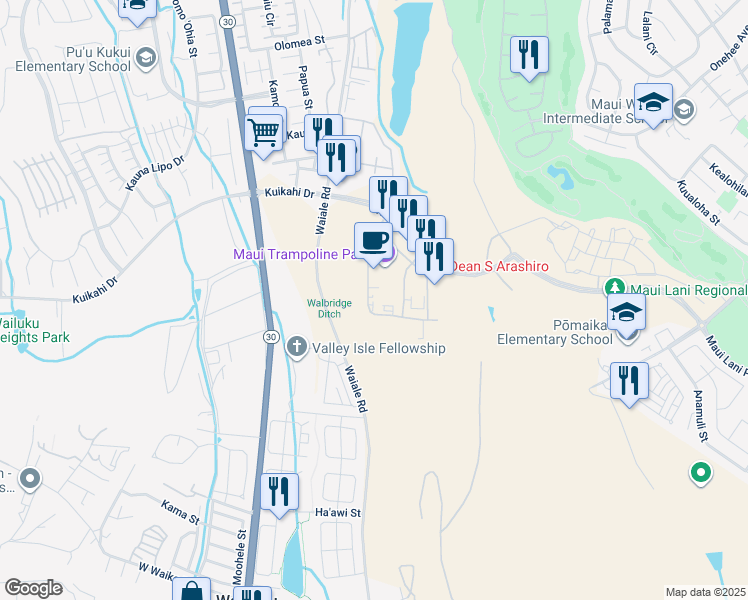 map of restaurants, bars, coffee shops, grocery stores, and more near 63 Laa Street in Kahului