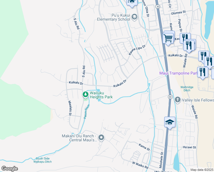 map of restaurants, bars, coffee shops, grocery stores, and more near 21 Kuikahi Drive in Wailuku