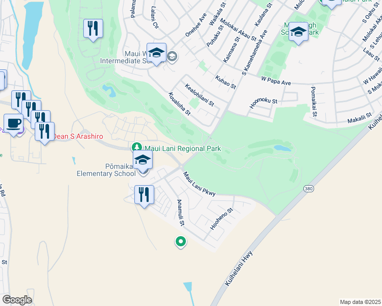 map of restaurants, bars, coffee shops, grocery stores, and more near 75 'Olina Street in Kahului