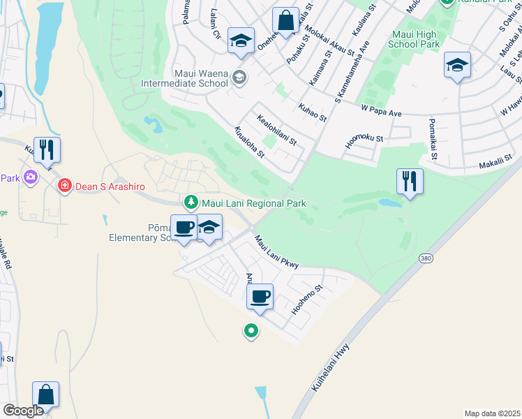 map of restaurants, bars, coffee shops, grocery stores, and more near 19 'Olina Street in Kahului