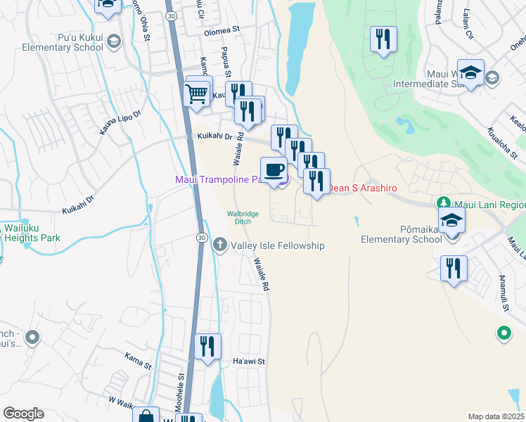 map of restaurants, bars, coffee shops, grocery stores, and more near 54 Laa Street in Kahului