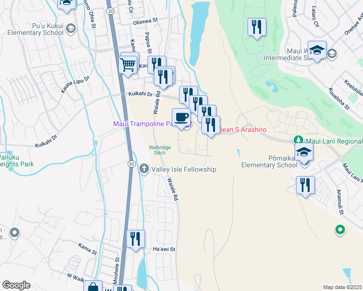 map of restaurants, bars, coffee shops, grocery stores, and more near 55 Laa Street in Kahului