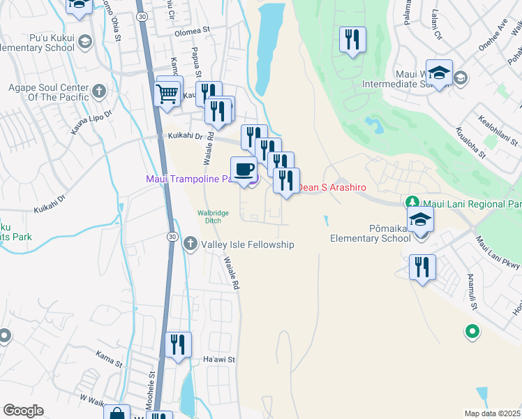 map of restaurants, bars, coffee shops, grocery stores, and more near 44 Paa Street in Kahului