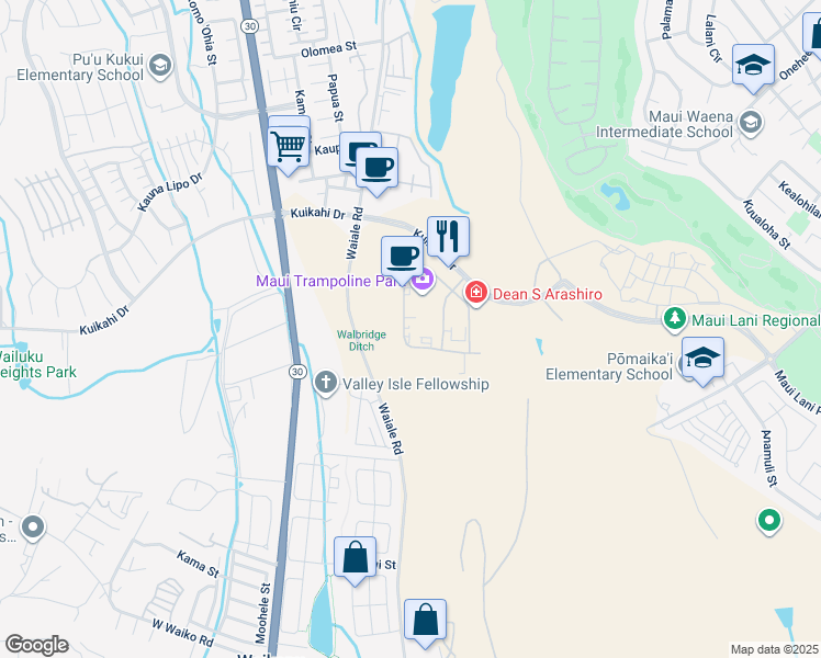 map of restaurants, bars, coffee shops, grocery stores, and more near 55 Laa Street in Kahului