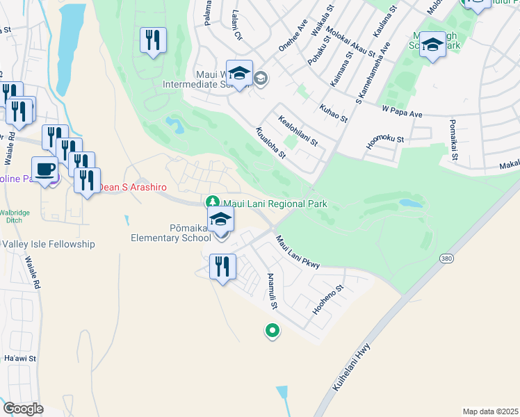 map of restaurants, bars, coffee shops, grocery stores, and more near 47 'Olina Street in Kahului