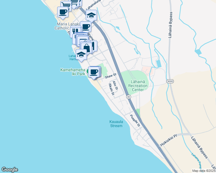 map of restaurants, bars, coffee shops, grocery stores, and more near 441 Ilikahi Street in Lahaina