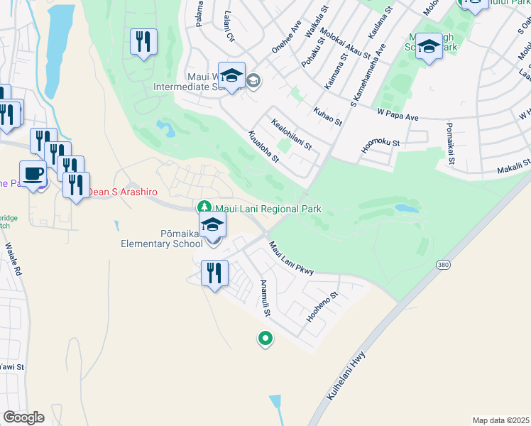 map of restaurants, bars, coffee shops, grocery stores, and more near 15 Pakau Place in Kahului