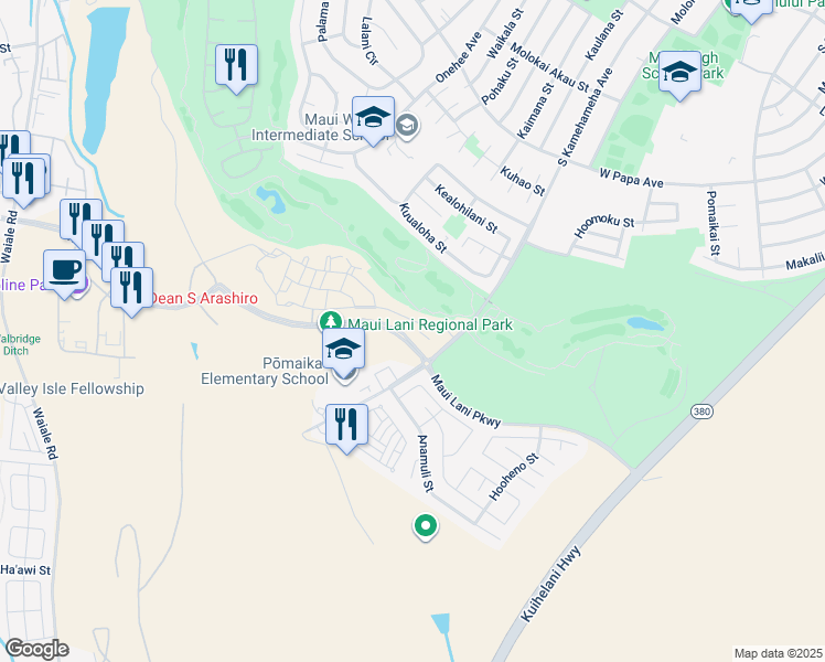 map of restaurants, bars, coffee shops, grocery stores, and more near 14 Pakau Place in Kahului