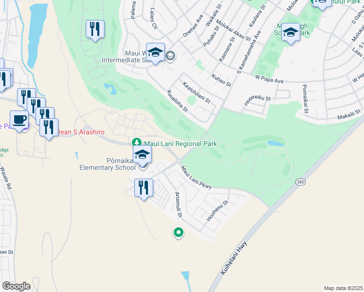 map of restaurants, bars, coffee shops, grocery stores, and more near 35 Pakau Place in Kahului