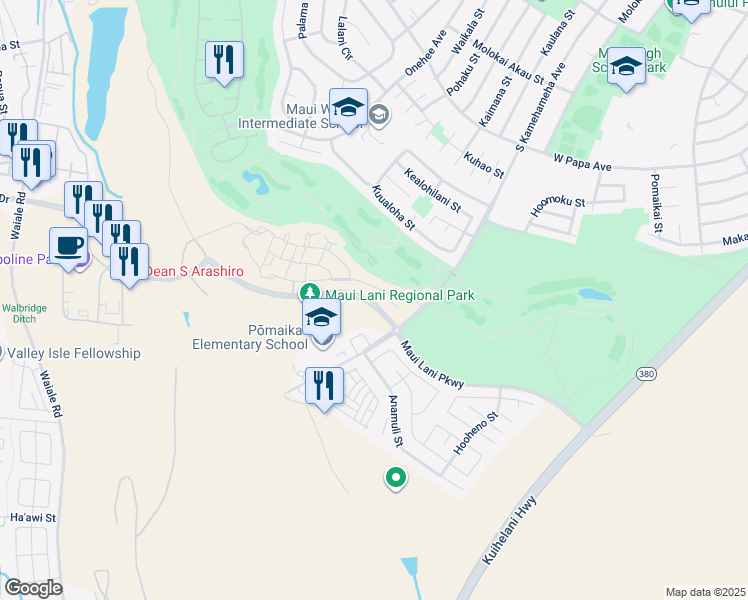 map of restaurants, bars, coffee shops, grocery stores, and more near 51 'Olina Street in Kahului
