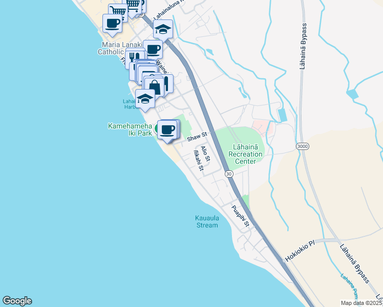 map of restaurants, bars, coffee shops, grocery stores, and more near 485 Ilikahi Street in Lahaina