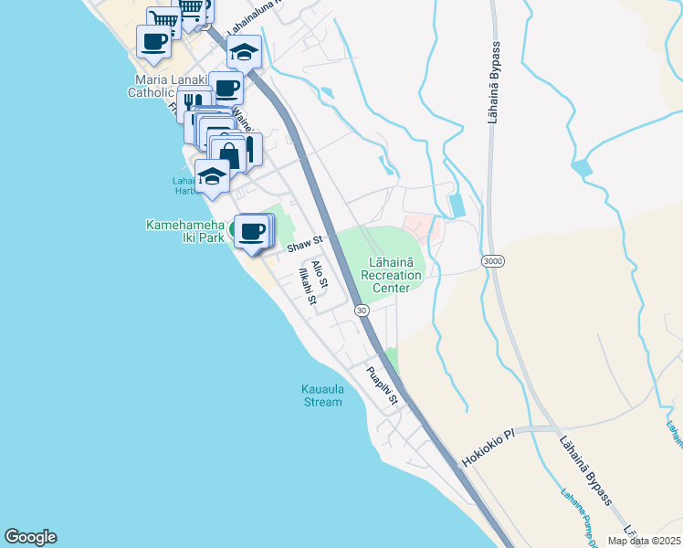 map of restaurants, bars, coffee shops, grocery stores, and more near 438 Waine'e Street in Lahaina
