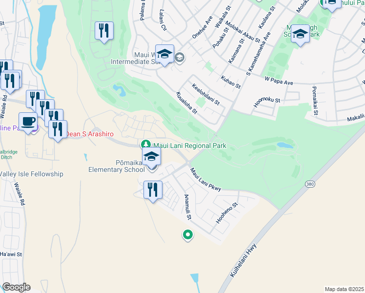 map of restaurants, bars, coffee shops, grocery stores, and more near 10 Pakau Place in Kahului