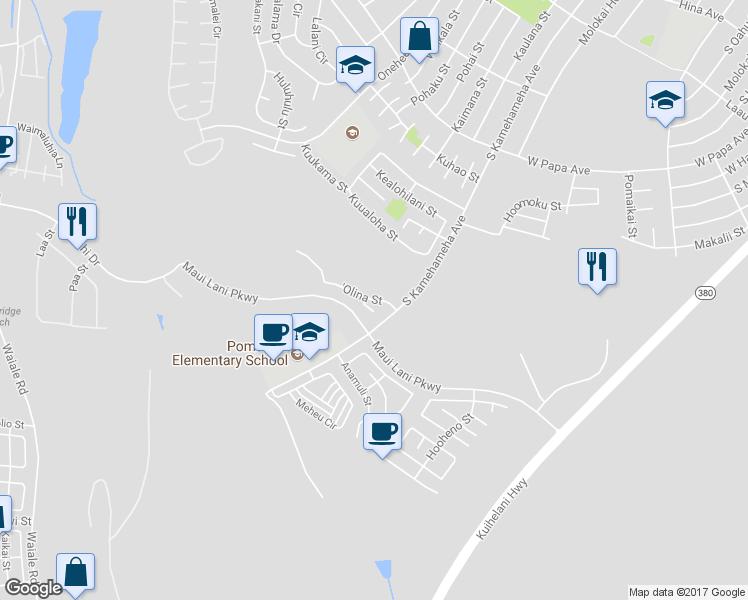 map of restaurants, bars, coffee shops, grocery stores, and more near 30 'Olina Street in Kahului