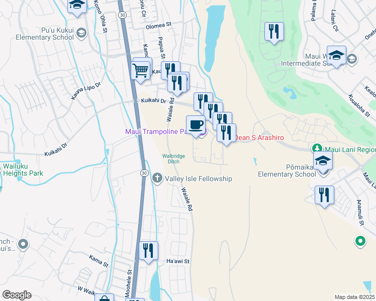 map of restaurants, bars, coffee shops, grocery stores, and more near 50 Laa Street in Kahului