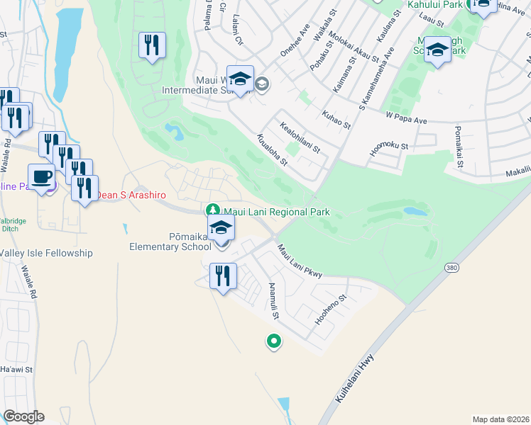 map of restaurants, bars, coffee shops, grocery stores, and more near 10 Pakau Place in Kahului