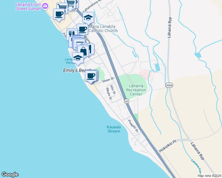 map of restaurants, bars, coffee shops, grocery stores, and more near 453 Alio Street in Lahaina