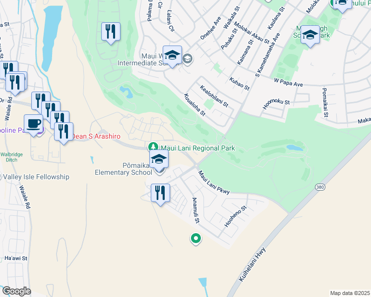 map of restaurants, bars, coffee shops, grocery stores, and more near 91 'Olina Street in Kahului