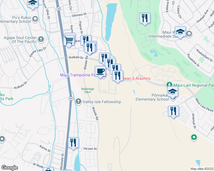 map of restaurants, bars, coffee shops, grocery stores, and more near 40 Paa Street in Kahului