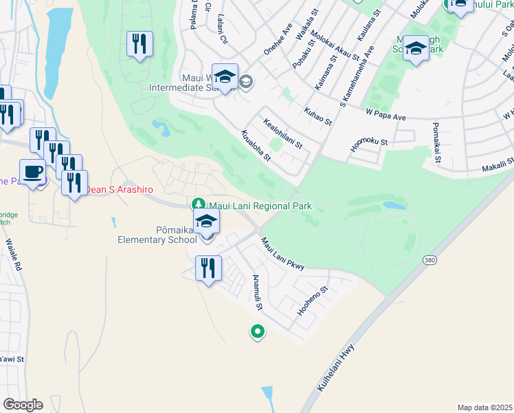 map of restaurants, bars, coffee shops, grocery stores, and more near 34 'Olina Street in Kahului
