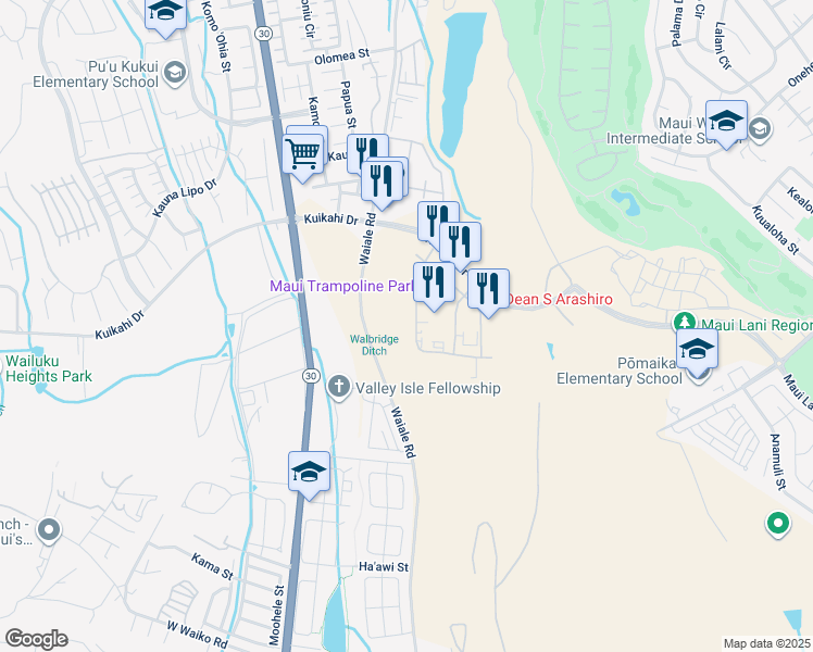 map of restaurants, bars, coffee shops, grocery stores, and more near 50 Laa Street in Kahului