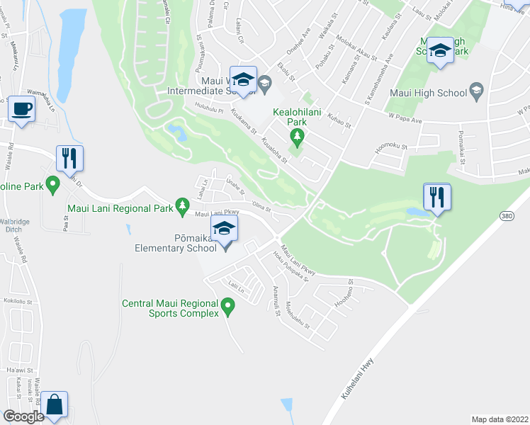map of restaurants, bars, coffee shops, grocery stores, and more near 47 'Olina Street in Kahului