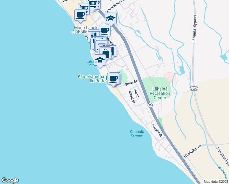 map of restaurants, bars, coffee shops, grocery stores, and more near 505 Front Street in Lahaina