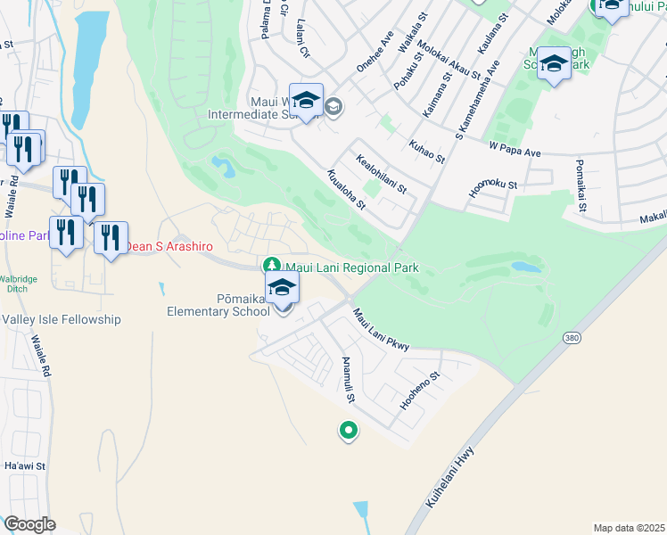 map of restaurants, bars, coffee shops, grocery stores, and more near 47 'Olina Street in Kahului