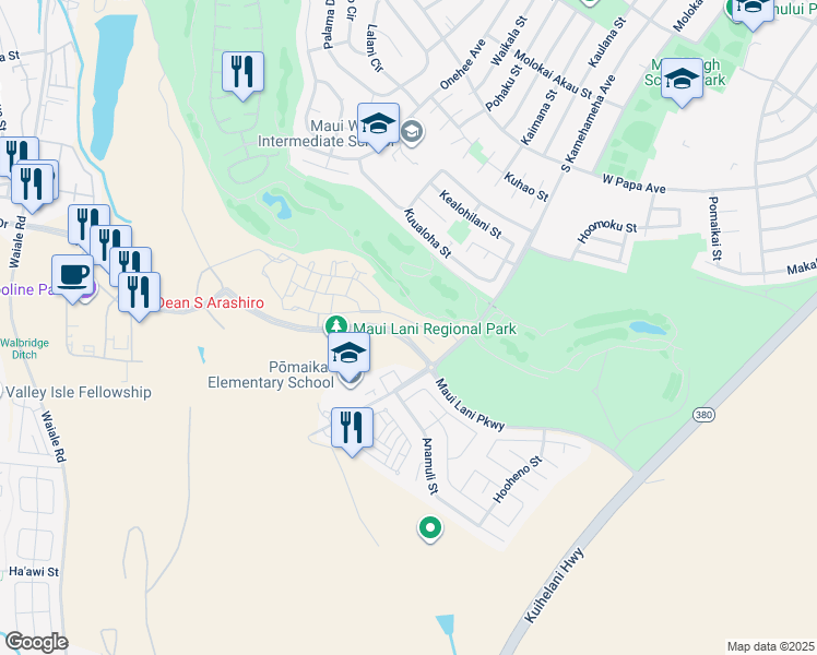 map of restaurants, bars, coffee shops, grocery stores, and more near 51 'Olina Street in Kahului