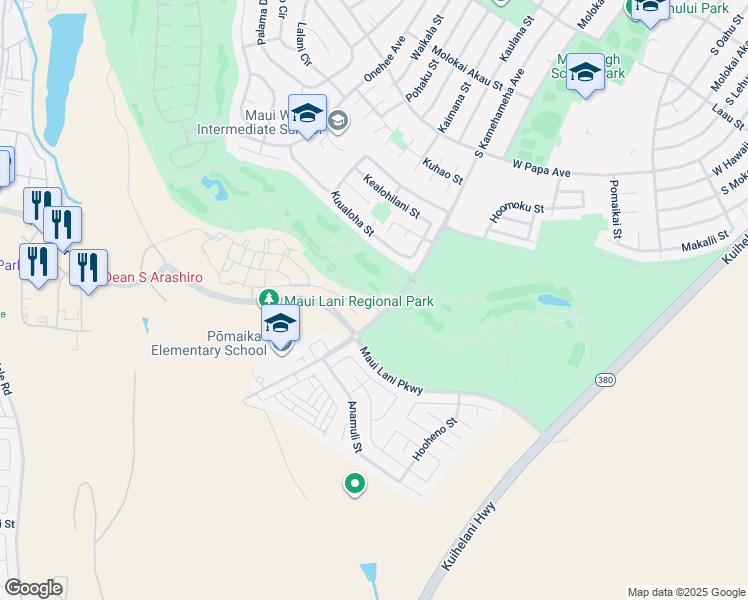 map of restaurants, bars, coffee shops, grocery stores, and more near 18 'Olina Street in Kahului