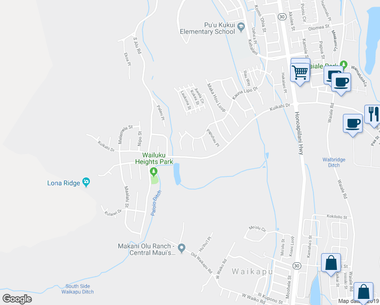map of restaurants, bars, coffee shops, grocery stores, and more near 19 Pa'alae Place in Wailuku