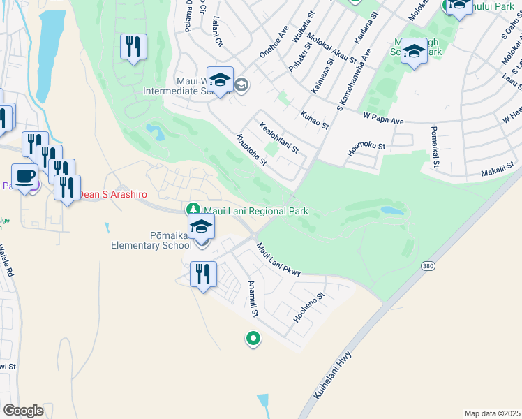 map of restaurants, bars, coffee shops, grocery stores, and more near 26 'Olina Street in Kahului