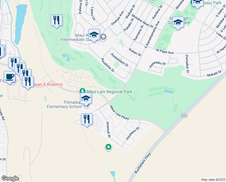 map of restaurants, bars, coffee shops, grocery stores, and more near 22 'Olina Street in Kahului