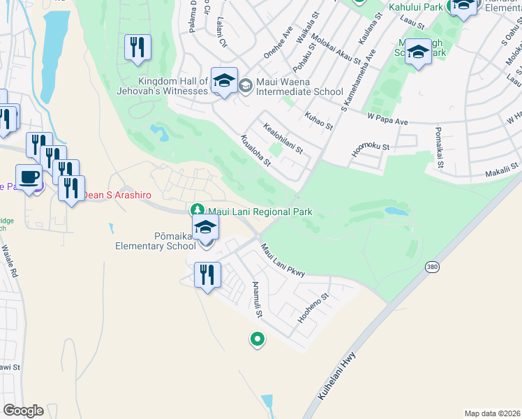 map of restaurants, bars, coffee shops, grocery stores, and more near 30 'Olina Street in Kahului