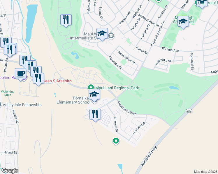 map of restaurants, bars, coffee shops, grocery stores, and more near 55 'Olina Street in Kahului
